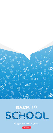 Welcome Back to school. Long vertical Banner with set of doodle icons on blue background.のイラスト素材