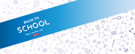Welcome Back to school. Long horizontal Banner with set of doodle icons on white background.のイラスト素材
