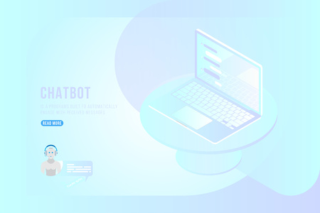 Chatbot Isometric concept with new messages and pop-up chatting on the laptop. Flat 3d isometric illustration EPS10.のイラスト素材
