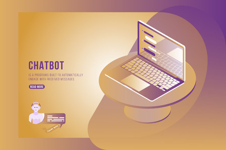 Chatbot Isometric concept with new messages and pop-up chatting on the laptop. Flat 3d isometric illustration EPS10.のイラスト素材