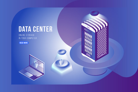 Data Center Isometric concept with online file storage and laptop.のイラスト素材