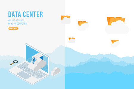 Data Center Isometric concept with online file storage, clouds and laptop.のイラスト素材