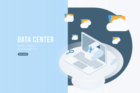 Data Center Isometric concept with online file storage, clouds and laptop.のイラスト素材