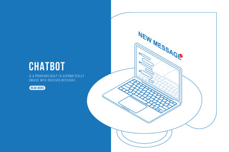 Outline drawing Chatbot Isometric concept with new messages and pop-up chatting on the laptop.のイラスト素材