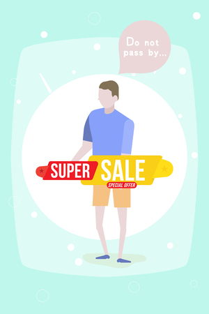 Man Seller with Super Sale discount yellow and red tag. Flat vector illustration EPS10.のイラスト素材