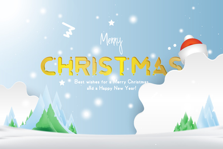 Christmas and New Year Typography with red hat on background with winter landscape with shiny Xmas light and stars. Merry Christmas greeting card. Flat vector illustration EPS10.のイラスト素材