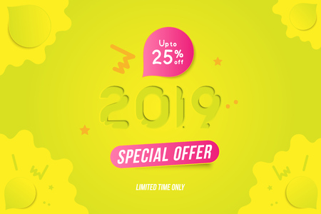 Happy new year 2019 Sale 25% Banner with with special offer on yellow color background. Creative template with decorative elements. Flat vector illustration EPS10.のイラスト素材
