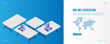 Banner Online Education. Landing Page design template for web site with Icon technology world map on the background. Laptops in isometric style on the table. Flat vector illustrationのイラスト素材