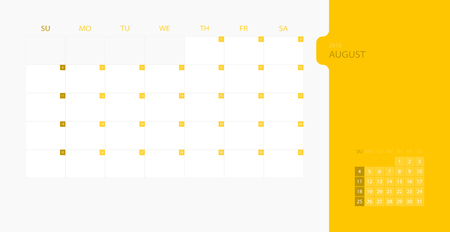 Calendar design template for 2019 Simple planner for August month, week starts on sunday. Design print template with place for   company. Flat vector illustrationのイラスト素材