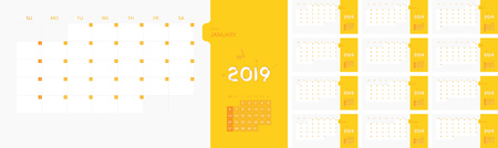 Calendar design template for 2019 Simple planner week starts on sunday. Design print template with place for  company. Flat vector illustrationのイラスト素材