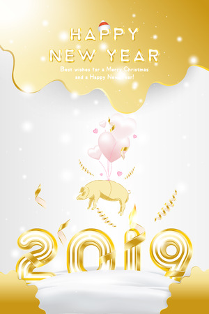 Sale Banner Happy new year 2019 with original gold shining font and super offer 25% Postcard with pink pig zodiac sign and with balloons in the form of hearts on background with ribbons.のイラスト素材