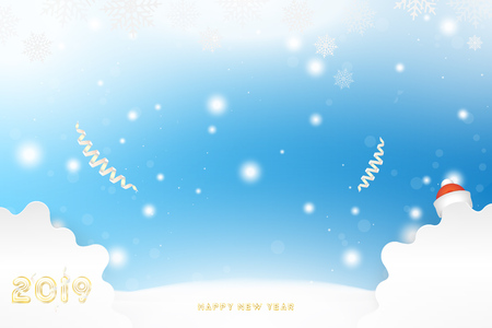 Postcard 2019 on the Christmas and New Year background with original gold shining font. Creative template with decoration elements. Flat vector illustration EPS10.のイラスト素材