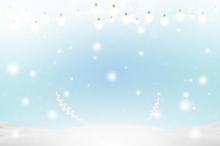 Christmas and New Year background with ribbon and light garlands, snowflakes and snowdrift. Flat vector illustration EPS10.のイラスト素材