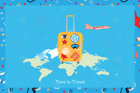 Time to Travel. Banner with plastic bag and plane on a background world map. Concept with seamless pattern on the theme of tourism and recreation. Flat vector illustrationのイラスト素材