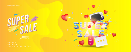 Super sale of 70% off. The concept for big discounts with voluminous text, a retro TV and red hearts on a yellow background with light effects. Flat vector illustration EPS10.のイラスト素材