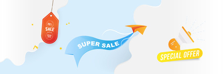 Horizontal Banner Big Sale 70% special offer. Paper airplane flying with red label on blue background with loudspeaker and clouds. Flat vector illustrationのイラスト素材