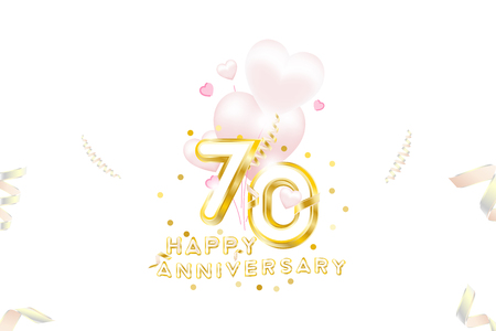 70th Anniversary gold inscription with original numbers and fonts for celebration and anniversary event party. Banner with gold confetti, ribbons and pink heartsのイラスト素材