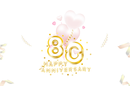 80th Anniversary gold inscription with original numbers and fonts for celebration and anniversary event party. Banner with gold confetti, ribbons and pink heartsのイラスト素材