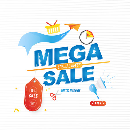 Mega Sale 50% banner template design with icons for shop. Loudspeaker and paper airplane with special offer. Vector illustrationのイラスト素材