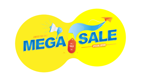 Mega Sale 50% banner template design. Loudspeaker and paper airplane with special offer. Flat vector illustration EPS 10のイラスト素材