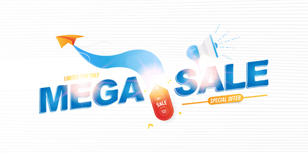 Mega Sale 50% banner template design with light effects. Loudspeaker and paper airplane with special offer. Flat vector illustration EPS 10のイラスト素材