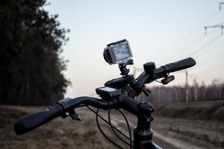 Action camera with box on the bike.の写真素材