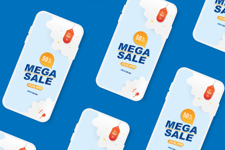 Banner Mega Sale in Mockup Smartphones. Special offer 50% with Plane on the background of clouds cut out of paperのイラスト素材