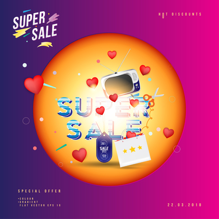Super sale of 25% off. The concept for big discounts with voluminous text, a retro TV and red hearts on a pink background with light effects. Flat vector illustration EPS10.のイラスト素材