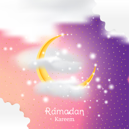Muslim feast of the holy month of Ramadan Kareem. Greeting card template with crescent moon and cloud with light effects. Flat vector illustration EPS 10のイラスト素材