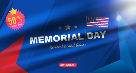 Happy Memorial Day. Greeting card with USA flag on background with light effect. National American holiday event. Flat vector illustration EPS10のイラスト素材