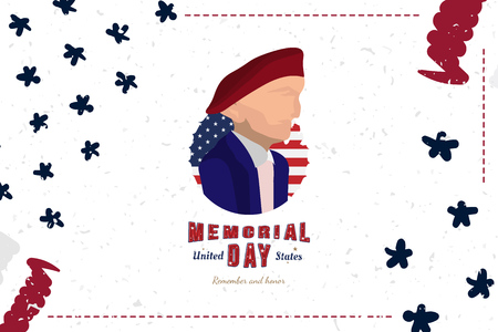 Happy Memorial Day. Greeting card with Soldier and original font and USA flag. Template for American holidays. Flat illustration EPS10のイラスト素材