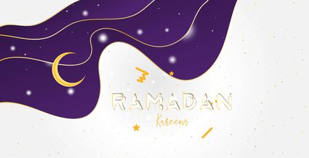 Muslim feast of the holy month of Ramadan Kareem. Greeting card template with crescent moon and stars with light effects on the paper cut waves. Flat vector illustrationのイラスト素材