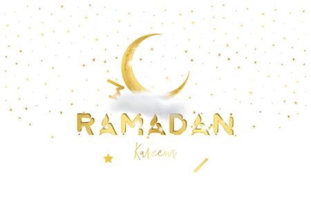 Muslim feast of the holy month of Ramadan Kareem. Greeting card template with crescent moon and cloud with light effects. Flat vector illustrationのイラスト素材