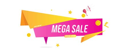 Mega Sale tag on colour liquid background. Font inscription with loudspeaker on white background. Flat Vector Illustration EPS10.のイラスト素材