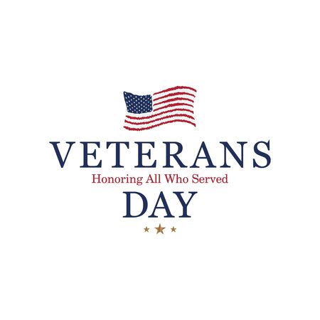 Veterans Day. Honoring all who served. Emblem with USA flag on white background. National American holiday event.のイラスト素材