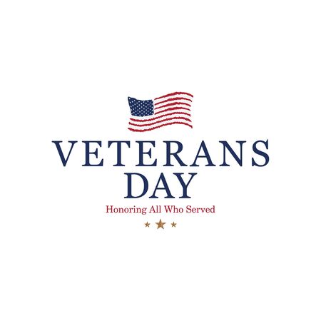 Veterans Day. Honoring all who served. Emblem with USA flag on white background. National American holiday event.のイラスト素材