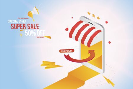 Online shopping in smartphone with super sale 50 offer. Phone on the background with lights effects. Flat Vector Illustration EPS10.のイラスト素材