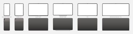 Set Mock-up of realistic devices. Smartphone, tablet, laptop, monitor and TV. Front side with screen and back side isolated on white background.のイラスト素材