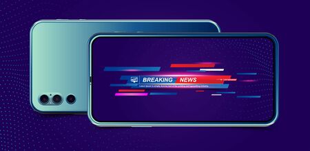 Breaking News in trendy glitch effect. TV in realistic smartphone on blue background. Concept for screen TV channel.のイラスト素材