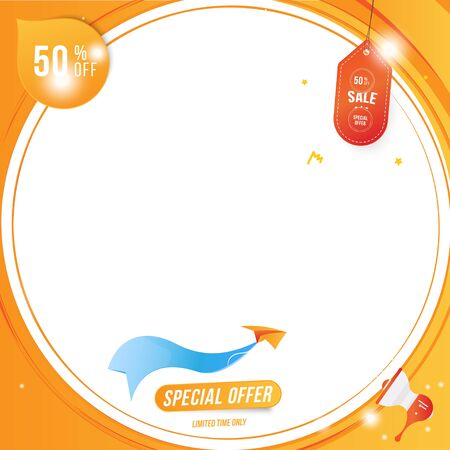 Banner for social page. Special offer Mega Sale 50% Plane with loudspeaker on the white background.のイラスト素材