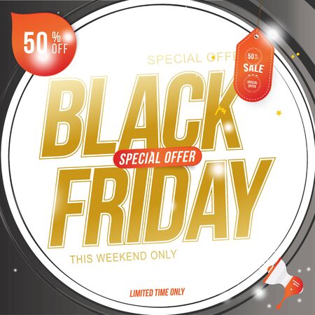 Black Friday Sale. Special offer 50 greeting card with gold sign on a white background. Flat vector illustrationのイラスト素材