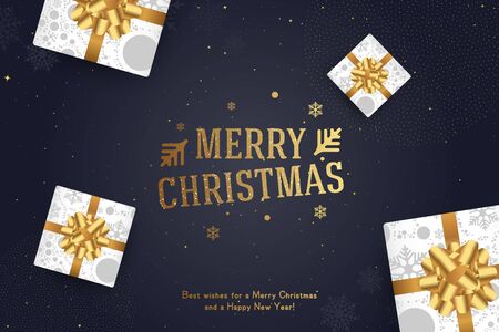Merry Christmas and Happy New Year. Greeting card with an inscription and gifts with bows and ribbons on a black background. Flat vector illustration EPS10.のイラスト素材