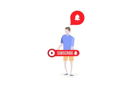 Subscribe button with bell icon. Man holds red button in his hands for channel and video blog in social media on white background. Flat vector illustrationのイラスト素材