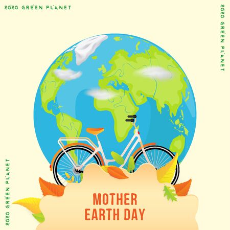 International Mother Earth Day with world map. Bicycle with leaves on a background of the globe. Concept on the theme of conservation of green nature. Flat vector illustration EPS10.のイラスト素材