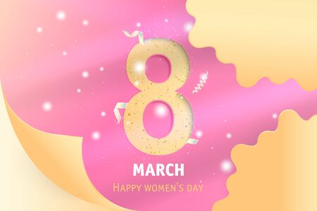 8 March International women's day. Greeting card with shining glitter, gold ribbon and sign eight. Flat vector illustration EPS10.のイラスト素材