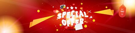 Super sale of 50% Special Offer. Horizontal banner for big discounts with text, retro TV and red hearts on a red background with light effects. Flat vector illustration EPS10.のイラスト素材