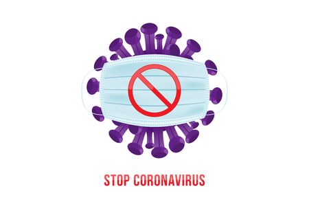 Coronavirus with stop sign and medical surgical mask for the face. Flu spreading of the world. Floating flu virus and cancer cells on white background. Flat vector illustrationのイラスト素材
