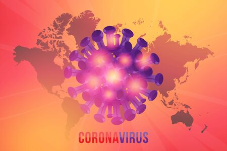 Background Coronavirus with World Map and lights effects. Flu spreading of the world. Floating flu virus and cancer cells. Flat vector illustrationのイラスト素材
