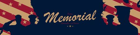 Happy Memorial Day. Greeting card with USA flag and silhouette soldiers on blue background. National American holiday event. Flat vector illustration EPS10.のイラスト素材