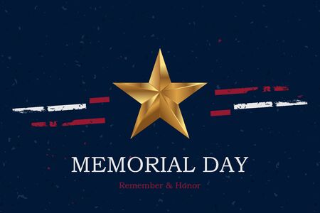 Banner Memorial Day. Vector illustration with lettering Remember and Honor and USA flag on blue backgroundのイラスト素材